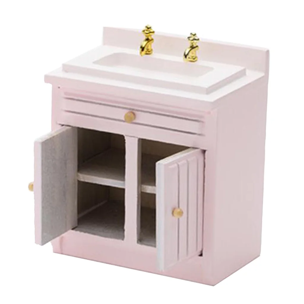 Dollhouse Wooden Wash Basin 1:12 Mini Dollhouse Accessory Miniature Furniture Realistic Kitchen Sink for Bathroom Kitchen