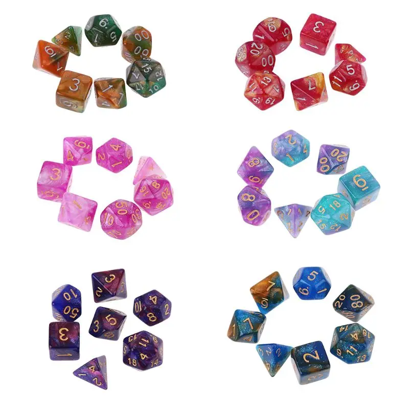 

7pcs/set Dichromatic Dice D4 D6 D8 D10 D12 D20 Polyhedral Dices Numbers Dials Desktop Game Props