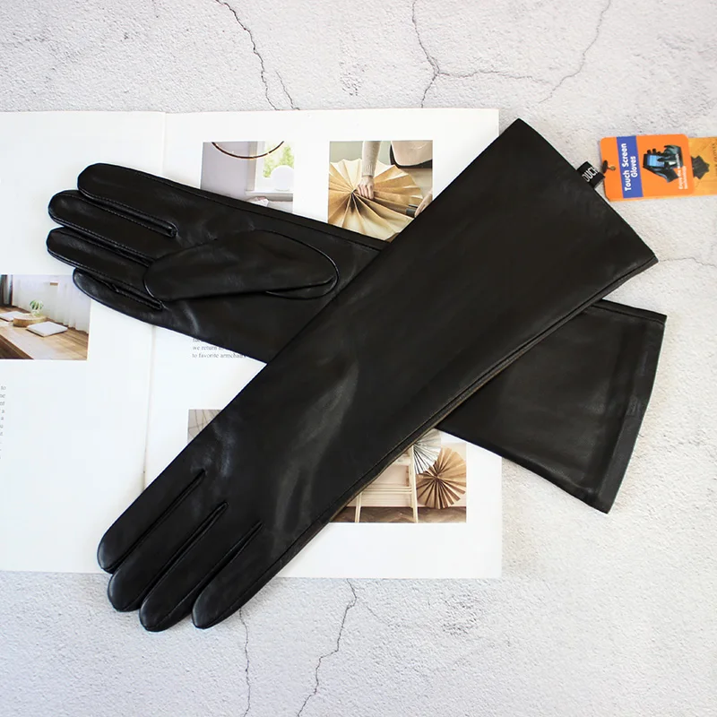 Guantes largos de piel de oveja con pantalla táctil de 37cm, forro de terciopelo de cuero negro para mujer, dedos cálidos rectos a la moda para