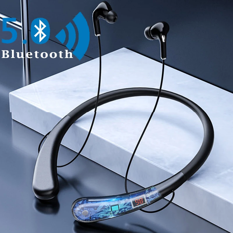 

Беспроводные наушники Bluetooth 5,0, Спортивная гарнитура для бега светодиодный ным цифровым дисплеем, поддержка TF-карты, наушники с шумоподавлением