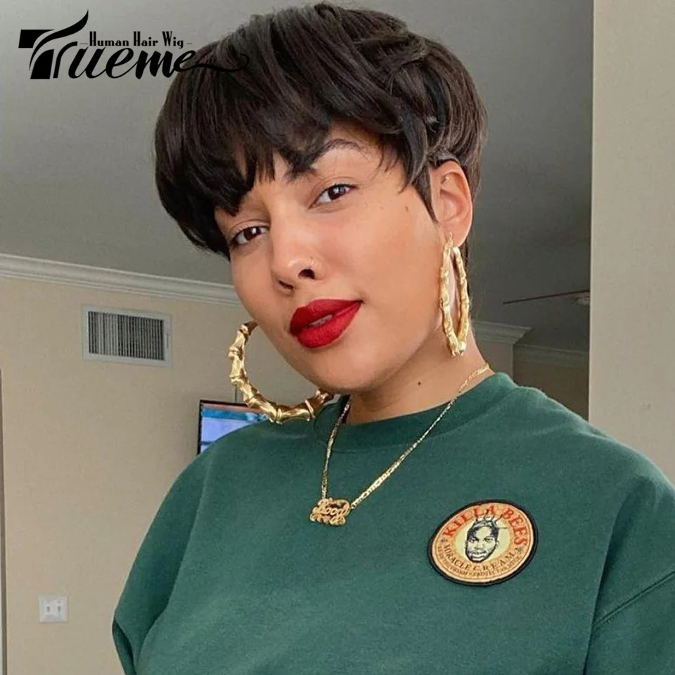 

Trueme Short Pixie Cut Human Hair Wigs Brazilian Ombre Brown Human Hair Wig For Black Women Straight Wig With Bangs Full Wig