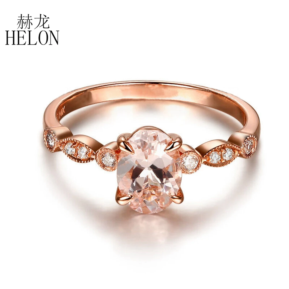 

HELON Solid 14K Rose Gold Flawless Oval Cut 6x8mm Morganite Diamonds Engagement Ring Women Antique Vintage Trendy Fine Jewelry