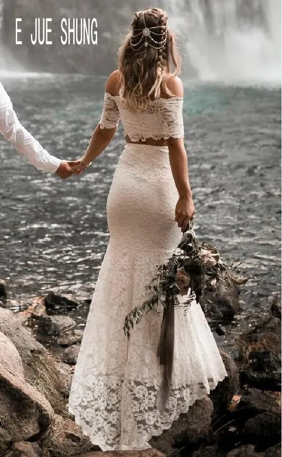 E JUE SHUNG Modern Two Piece Beach Wedding Dresses Off The Shoulder Short Sleeves Lace Mermaid Bridal Gowns Vestidos De Novia