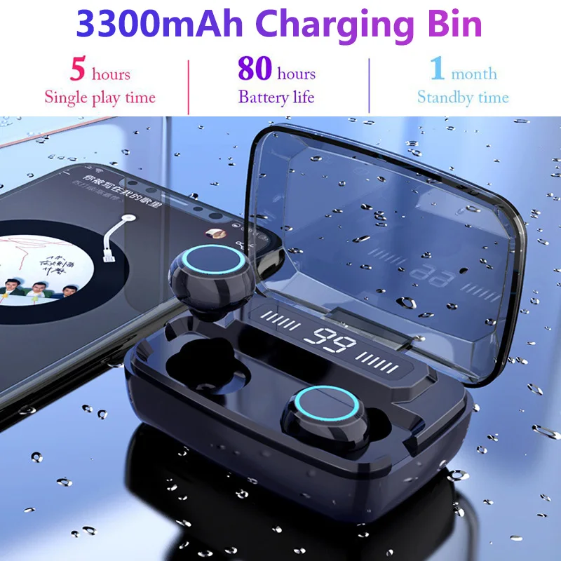 블루투스 V5.0 TWS 무선 이어버드 이어폰, 터치 컨트롤 LED 디지털 디스플레이 스테레오 스포츠 무선 헤드폰 3300mAh 전화