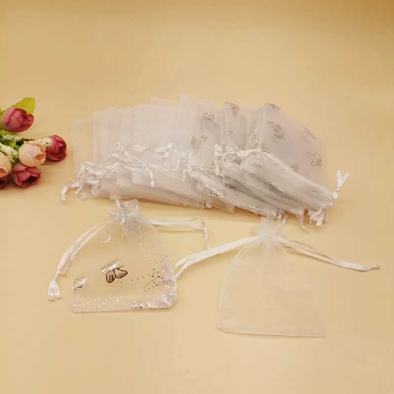 50Pcs Butterfly Jewelry Bag White Organza Sachet Bag Mini Drawstring Bags for Women Wedding Packaging Organza Bag DIY Storage