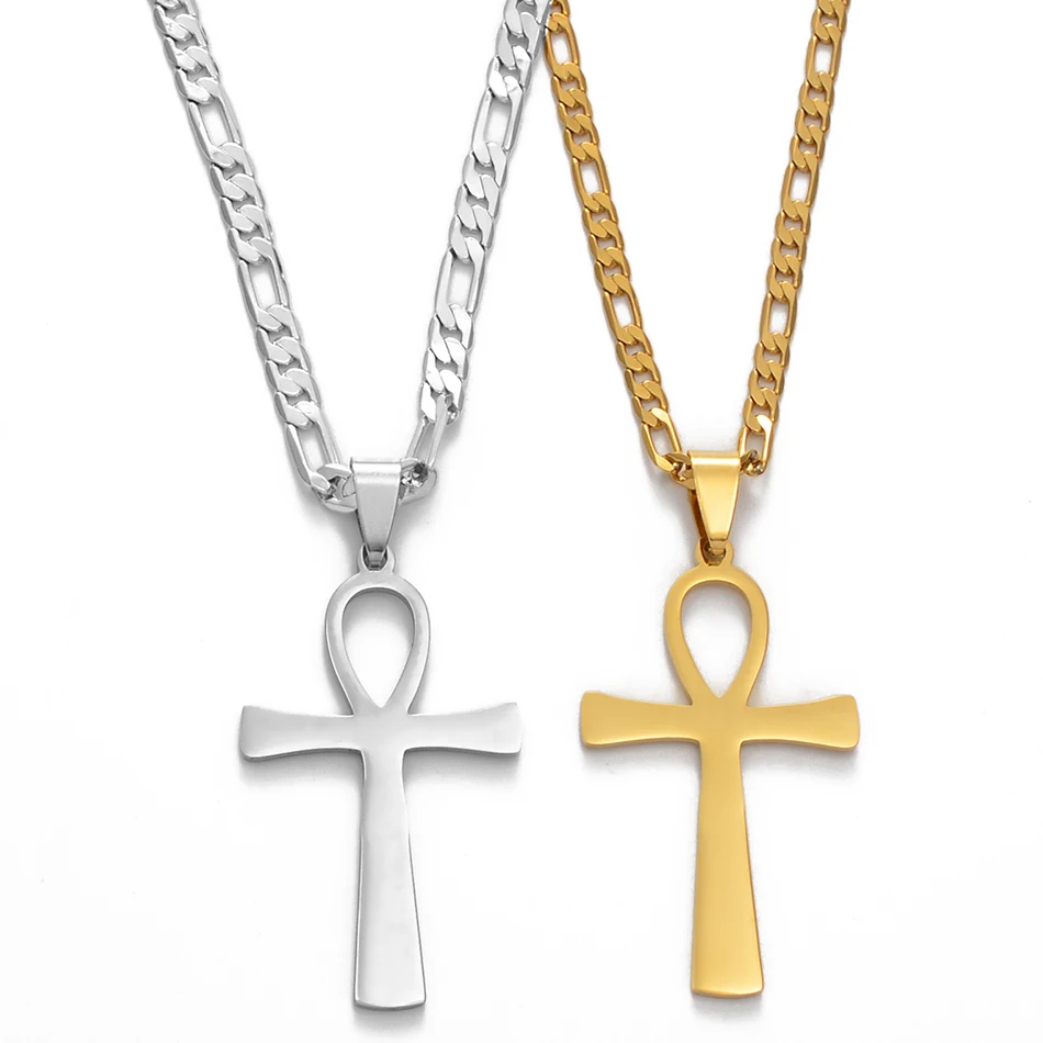 Anniyo 4.3CM Egyptian Cross Pendant Ankh Necklace Woman Men Gold /Silver Color African Charms Jewelry Egypt Nile Key #159321