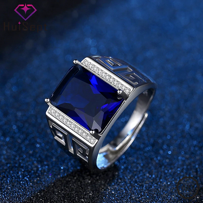 HuiSept Men Ring Silver 925 Jewelry with Sapphire Zircon Gemstone Finger Rings Ornaments for Wedding Bridal Party Gift Wholesale