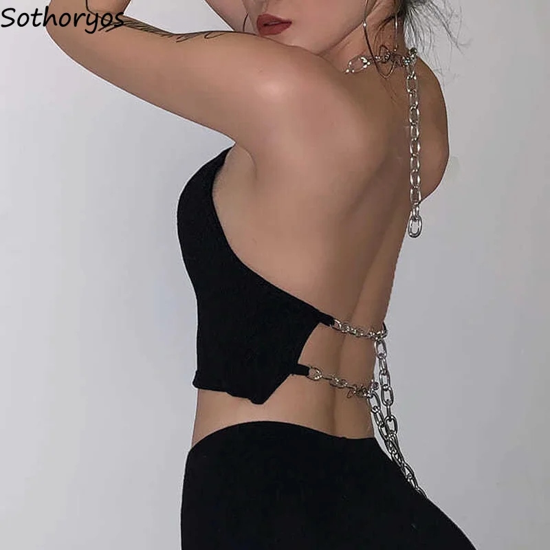 Women Camisoles Solid Chain Halter Neck Backless Design Fashion Slim Hot Clubwear Crop Tops Chic Teens Sexy All-match Tanks Cool