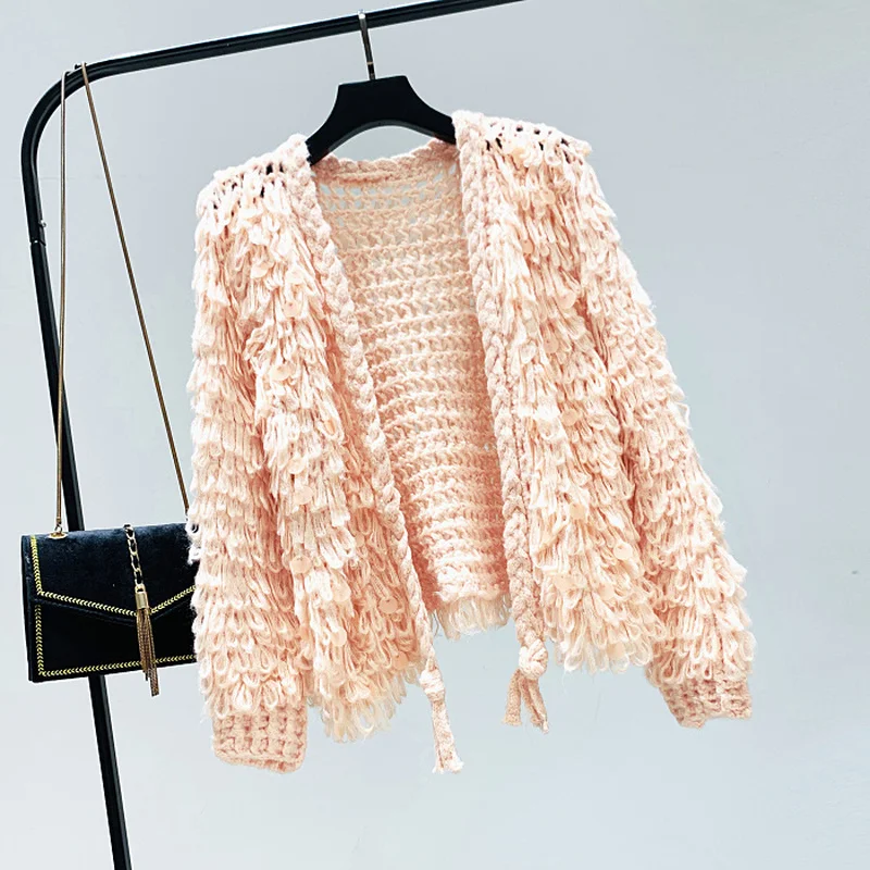 3D Hook Flowers Tassels Circles Sequins Knitted Cardigan Crochet Beading Sweater Fringed Elegant Sweaters Sueter Mujer Korean