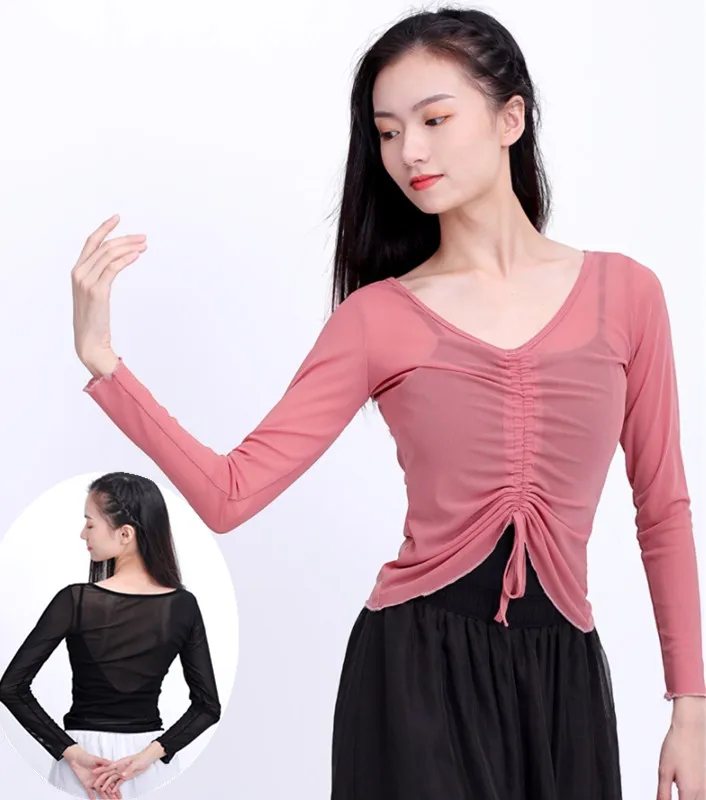 Classical Dance Clothes Women See Through Solid Mesh Tops Long Sleeve Drawstring Ballet T-Shirt Women Dance Costume