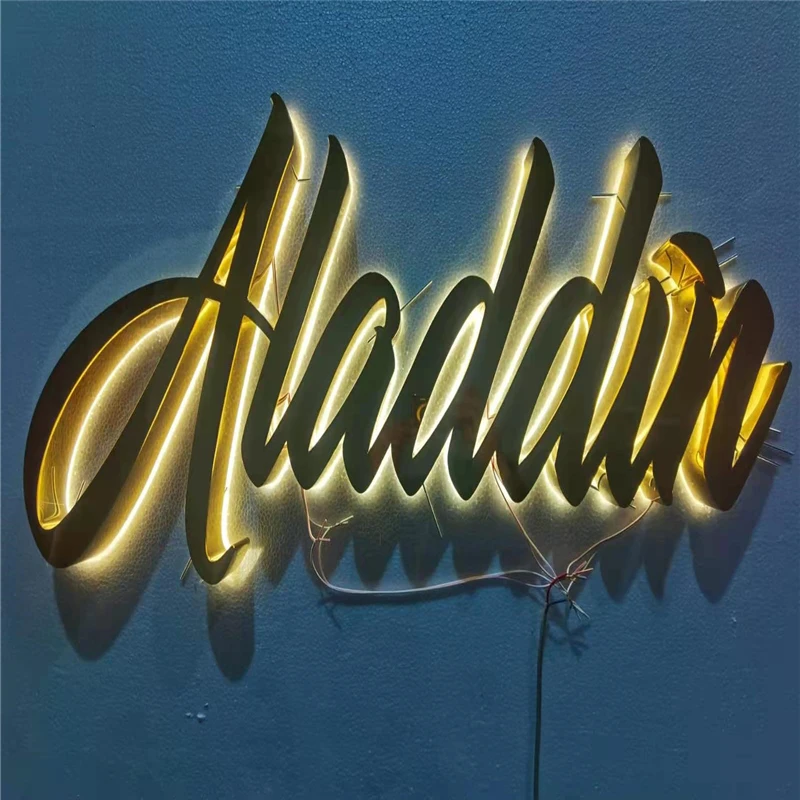 Custom Golden mirror polished brushed stainless steel back lit LED letter sign , rear lighted store business logo LED sign