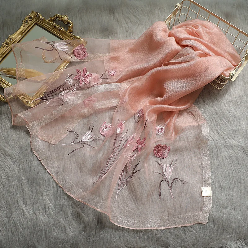 New 2024 Silk Wool Scarf Women Embroidery Spring And Summer Solid Color Long Scarves Pashmina Female Shawl Hair Hijab Bandana