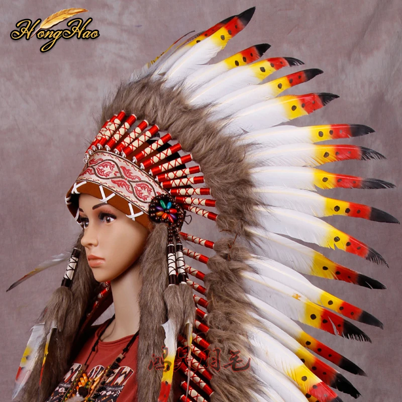 long Indian Feather headdress handmade red and black feather costumes handmade indian feather headdress war bonnet hat costumes