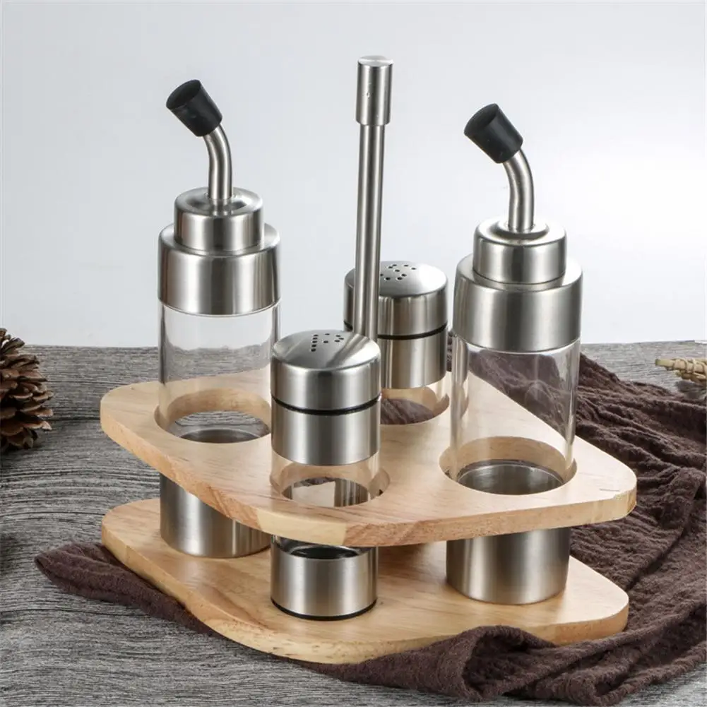 Seasoning Bottle Set with Wooden Rack Translucent Pepper Bottle Holder Kitchen Tools for Oil Salt Vinegar Soy Sauce Storage #CW