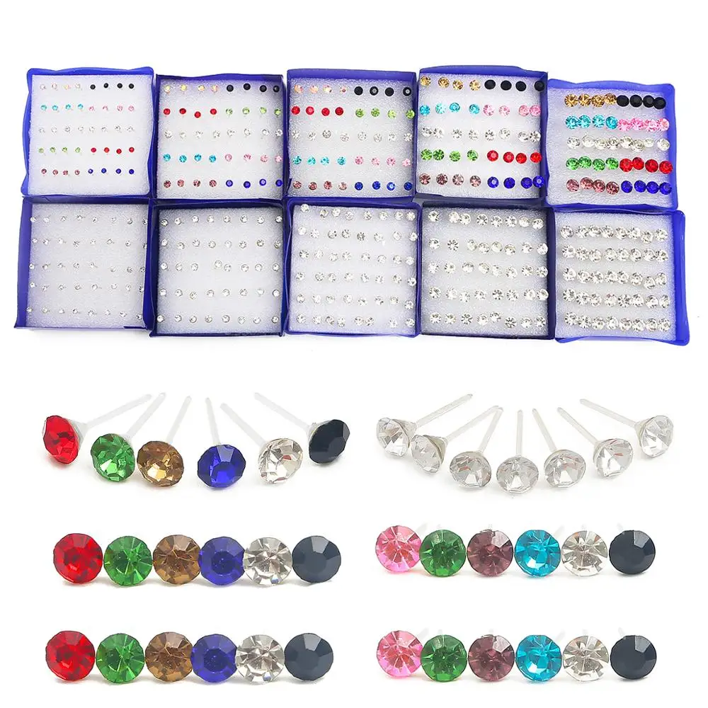 2.5 3 4 5 6mm Colorful Crystal Stud Earrings New Fashion Simple Earrings Piercing Plastic Ear 20 Pairs For Women Jewelry