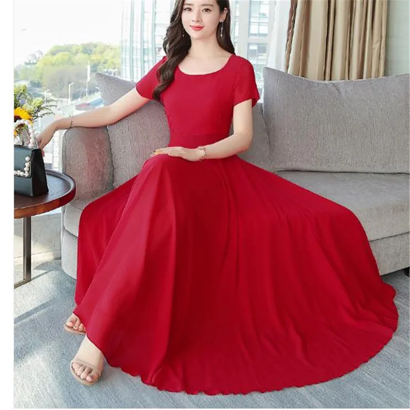 Short Sleeve O Neck summer dress female new temperament chiffon self-cultivation beach dress big slimming Loose Dress