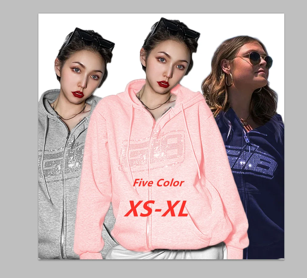 

Y2K EGIRL 90S Fashion Rhinestone Zip Up Oversized Hoodies Indie Aesthetics Letter Graphic Long Sleeve Sweatshirts Autumn Outfits