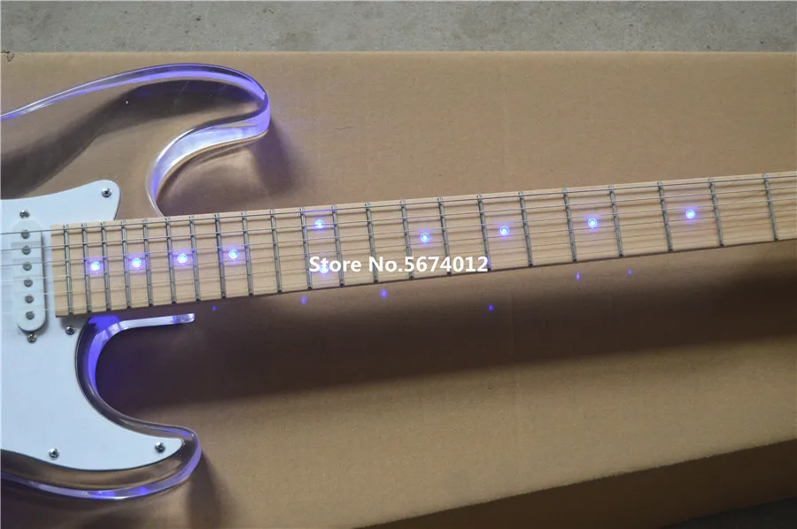 New customized crystal acrylic acrylic acrylic electric guitar maple xylophone neck with led blue light