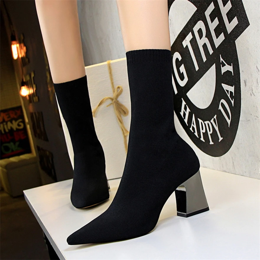 Women Sexy Knitted Stretch Socks Boots 7cm Chunky High Heels Platform Shoes Woman Autumn Wine red Pointed Toe Ladies Short Boots