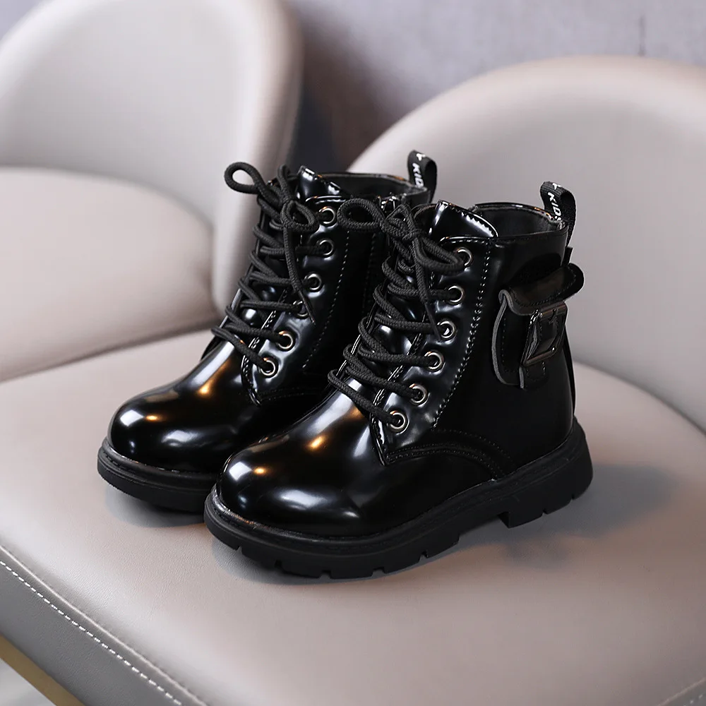 Children Ankle Boots Girls Black PU Leather Boots 2024 Autumn New Boys British sStyle Short Boots Baby Buckle Single Shoes