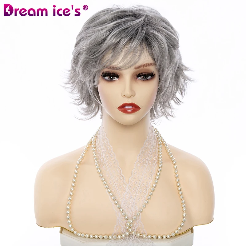 Short Gray Brown Pixie Cut Synthetic Wig With Bangs For Women Natural Straight Wave Glueless Hair Daily Cosplay Wigs Dream ice\'s