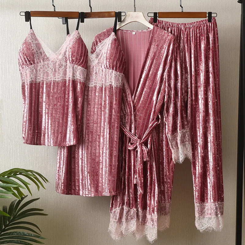 

Velour Striped Pajamas Set Women Lace 4PCS Sleepwear Sexy V-neck Robe Suit Velvet Pijamas Suit Female Kimono Gown Loungewear