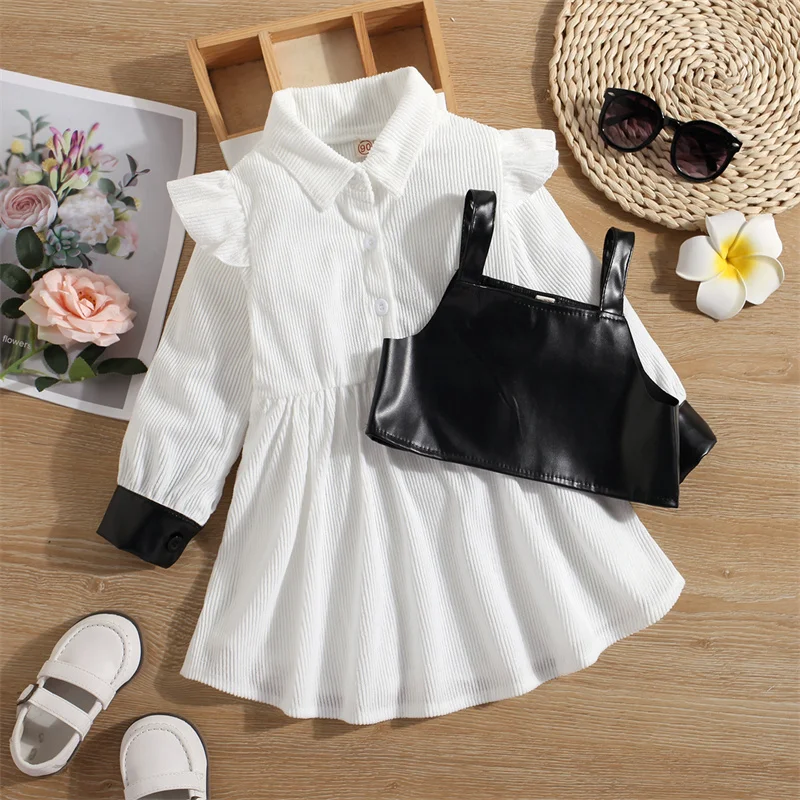 Flying Sleeve Corduroy Girls Dress Faux Leather Vest Patchwork Kids Clothes Girls Clothing Princess Dress Outfits Shirts Dresses