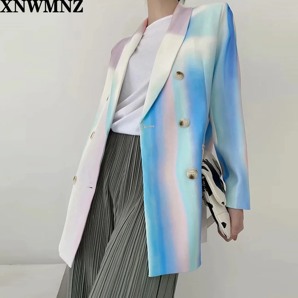 XNWMNZ Women 2020 Fashion Double Breasted Tie-dye Print Blazer Coat Vintage Long Sleeve Pockets Female Outerwear Chic Tops