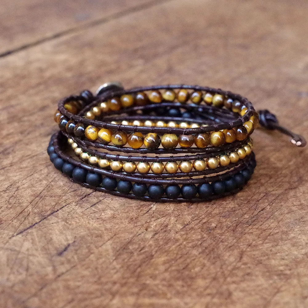 Pulseira artesanal de couro multicamadas para homens e mulheres, jóias DIY, pedra natural, contas olho de tigre, pulseira envoltório, 4mm