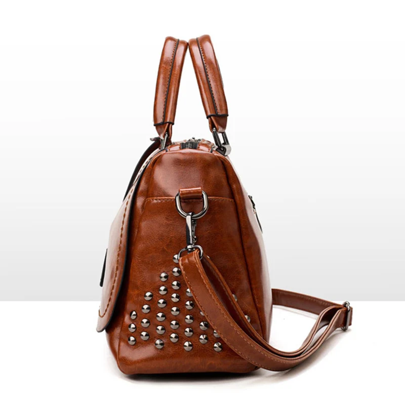 Fashion Oil Wax Leather tassel Women\'s Messenger bags Handbag Rivet Retro Brown PU Leather Lady Shoulder Crossbody bag 2023