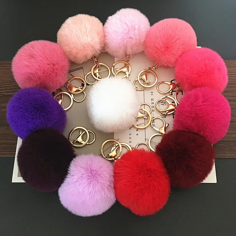 Fluffy Multicolor Pompom Faux Rabbit Fur Ball Keychains Crystal Key Rings Trendy Jewelry Bag Accessories Gift