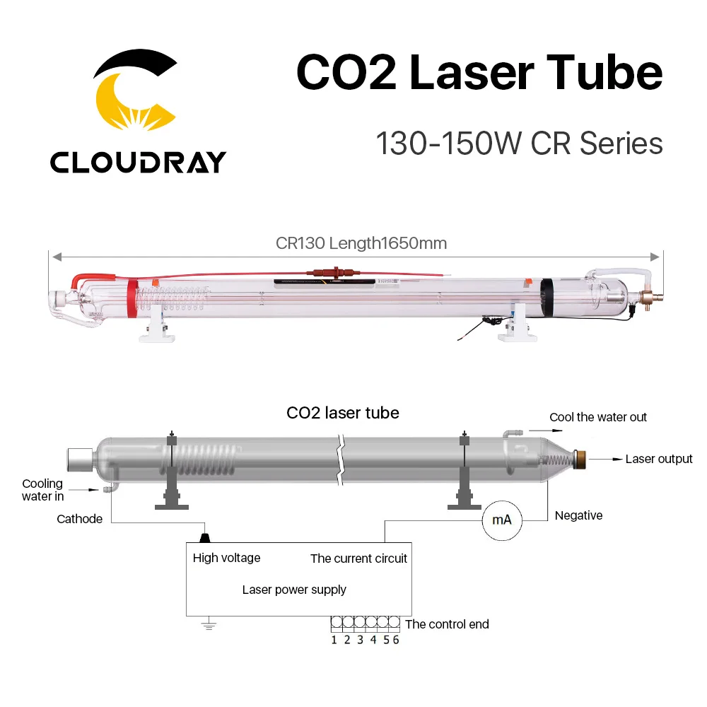 Imagem -05 - Cloudray Cr130 130150w cr Série Comprimento do Tubo do Laser do Co2 1650 mm Dia.80 mm Atualizou a Tubulação de Vidro da Cabeça do Metal para a Máquina do Laser do Co2