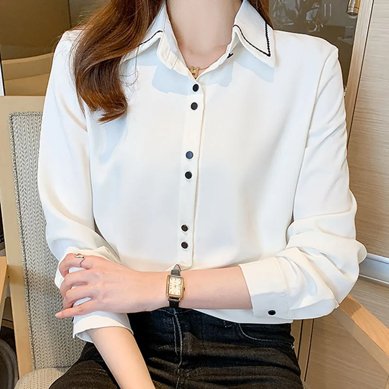 

2021 Autumn Shirts Female Casual Dropshipping Women's Long Sleeve Chiffon Tops Mujer Blusas Button Solid Blouses Elegant 1245