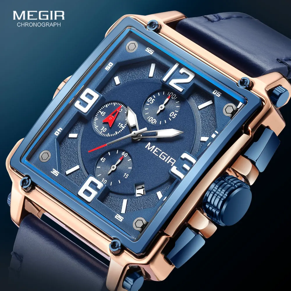 Relógios dos homens megir pulseira de couro azul relógio de quartzo para o homem cronógrafo de discagem quadrada relógio de pulso montres hommes orologi часы rejoj