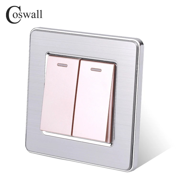 Coswall 2 Gang 2 Way Luxury Light Switch On / Off Wall Switch Pass Through Interruptor Stainless Steel Panel AC 110~250V