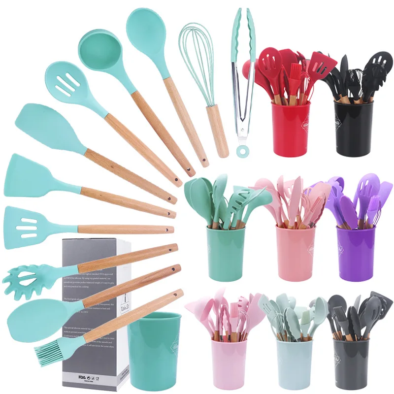 

12pcs Silicone Non-stick Cooking Utensils Set Tool Kitchenware Spatula Ladle Shovel egg greak Spoon Soup Heat-Resistant holder