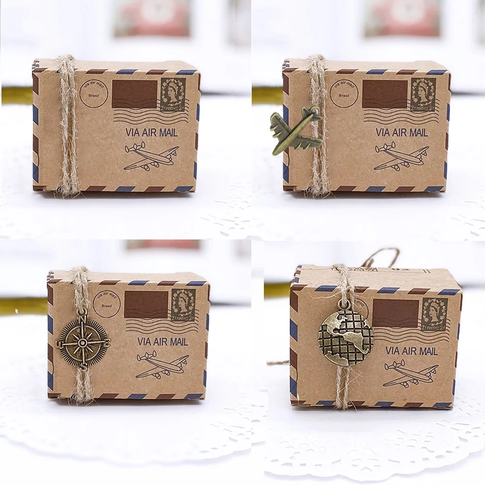 100pcs Vintage Favors Kraft Paper Candy Box Travel Theme Airplane Air Mail Gift Packaging Boxes Wedding Souvenirs scatole regalo