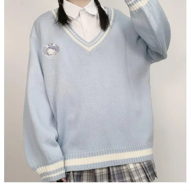 JK Uniform Pullover Sweater Korean V-neck Knitted Tops College Style Sweet Female Student Loose Outwear Japanese School Uniform