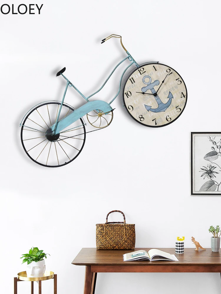 Creative Large Wall Clock Metal Bicycle Mediterranean Cute Clocks LED Silent Kids Living Room Wall Decorations Reloj De Pared