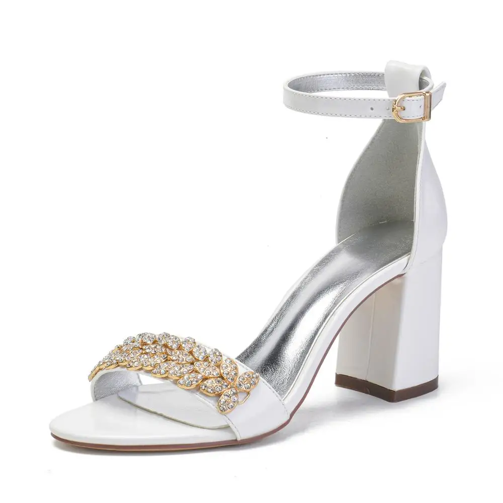 lady's summer sandals chunky thick heels white ivory shoes with light gold crystal trim ankle strap wedding party prom club