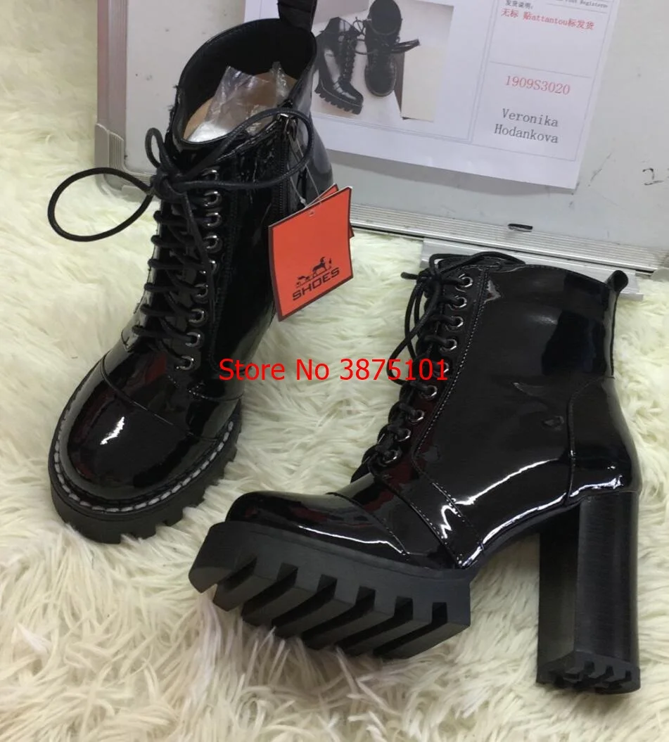 Leather boots women lace up autumn winter ankle boots for women platform high heels boots REAL PIC