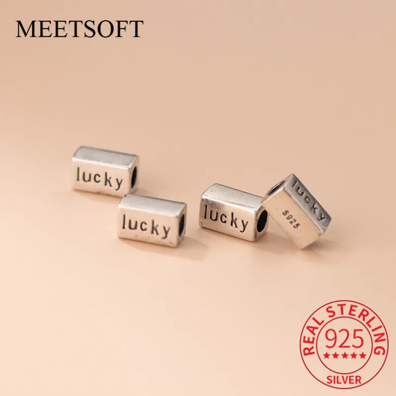 MEETSOFT Vintage 925 Sterling Silver Matte Lucky Letter Beads of DIY handmade Making Fine Jewelry Bracelect components Accessory