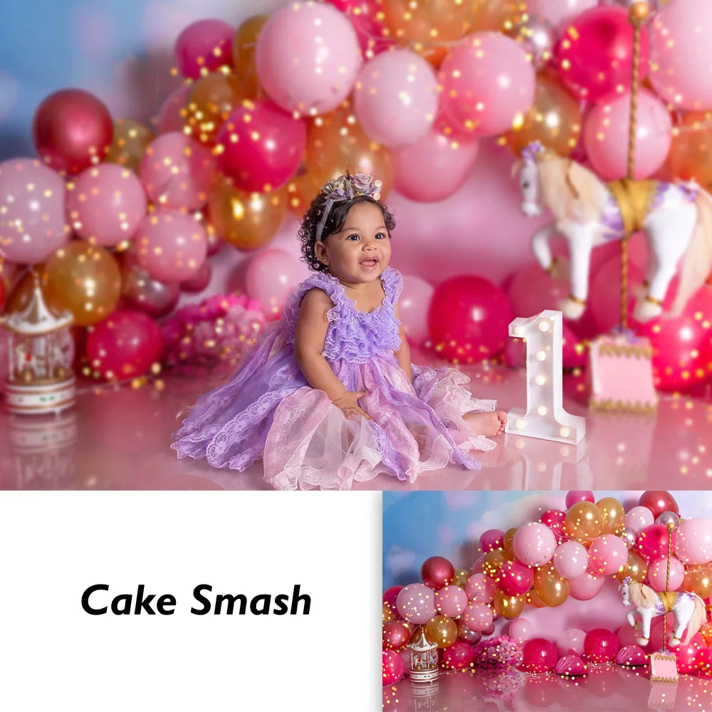 

Circus Amusement Park Girl Newborn 1st Birthday Cake Smash Backdrop Pink and Red Party Balloons Carousel Photography Background