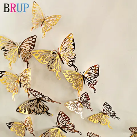 12P 3D Butterfly Wall Stickers in Gold and Silver BRUP