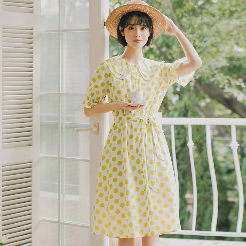 INMAN  Summer Doll Collar Retro Wave Point Bowknot Nipped Waist Shourt Sleeve Dress