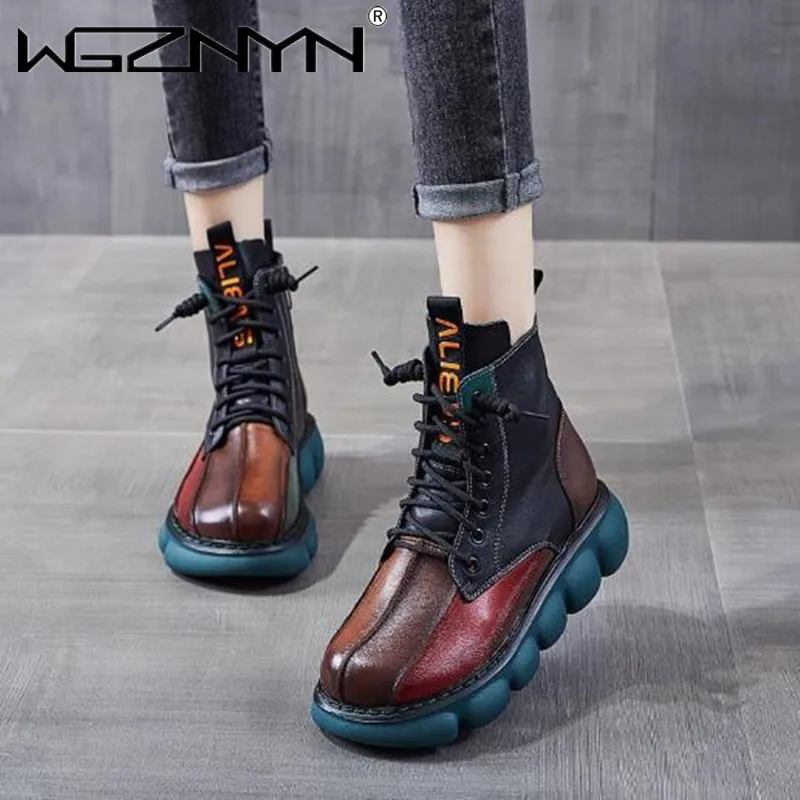 Motorcycle Women\'s Boots Autumn Winter Soft Leather Retro Shoes Black Botas Wedges Female Lace Up Platforms Women Botas Mujer