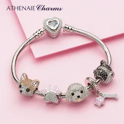 ATHENAIE 100% 925 Sterling Silver Cute Puppy Dogs Charms Bracelet with CZ Footprint Dangle For Women DIY Lively Charm Jewerly