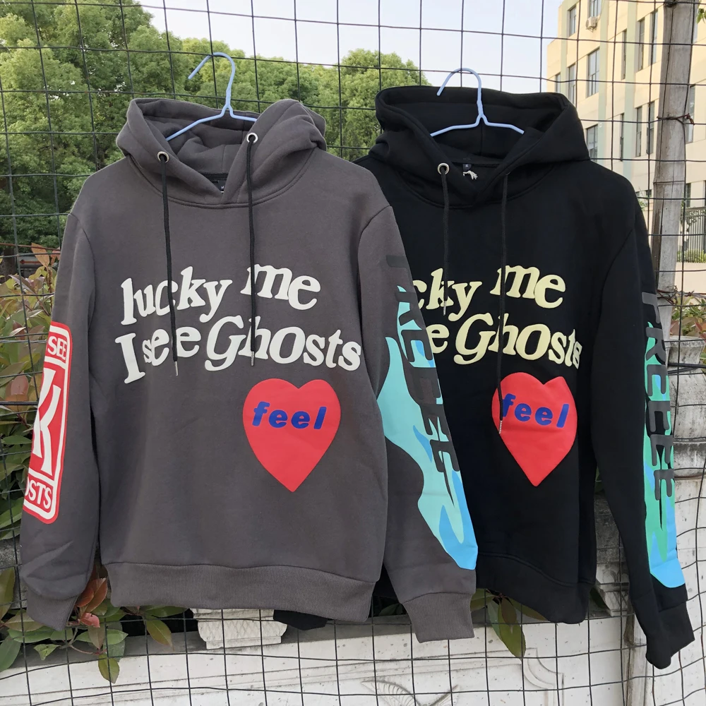 Kanye West Hoodies Lucky Me I See Ghosts Hoodie Red Heart Feel Sweatshirts Y2k Hombre See Ghosts Pullover Men Women Print 3D