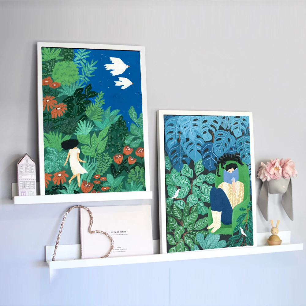 Summer Night Canvas Painting，Jungle Petite Poster，Flowers,Green Leaves，Book Wall Picture,Boys and Girls Room Decoration