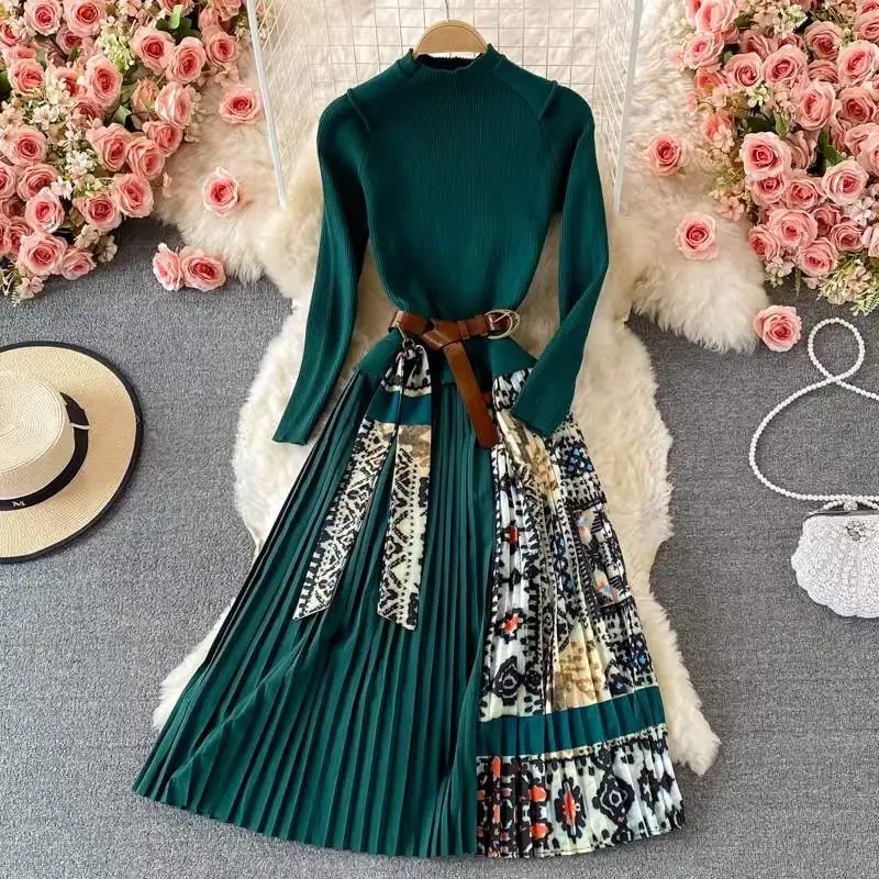 Banulin 2024 autunno inverno moda pista Vintage elastico vestito lavorato a maglia donna manica lunga Patchwork pieghettato abito longuette con